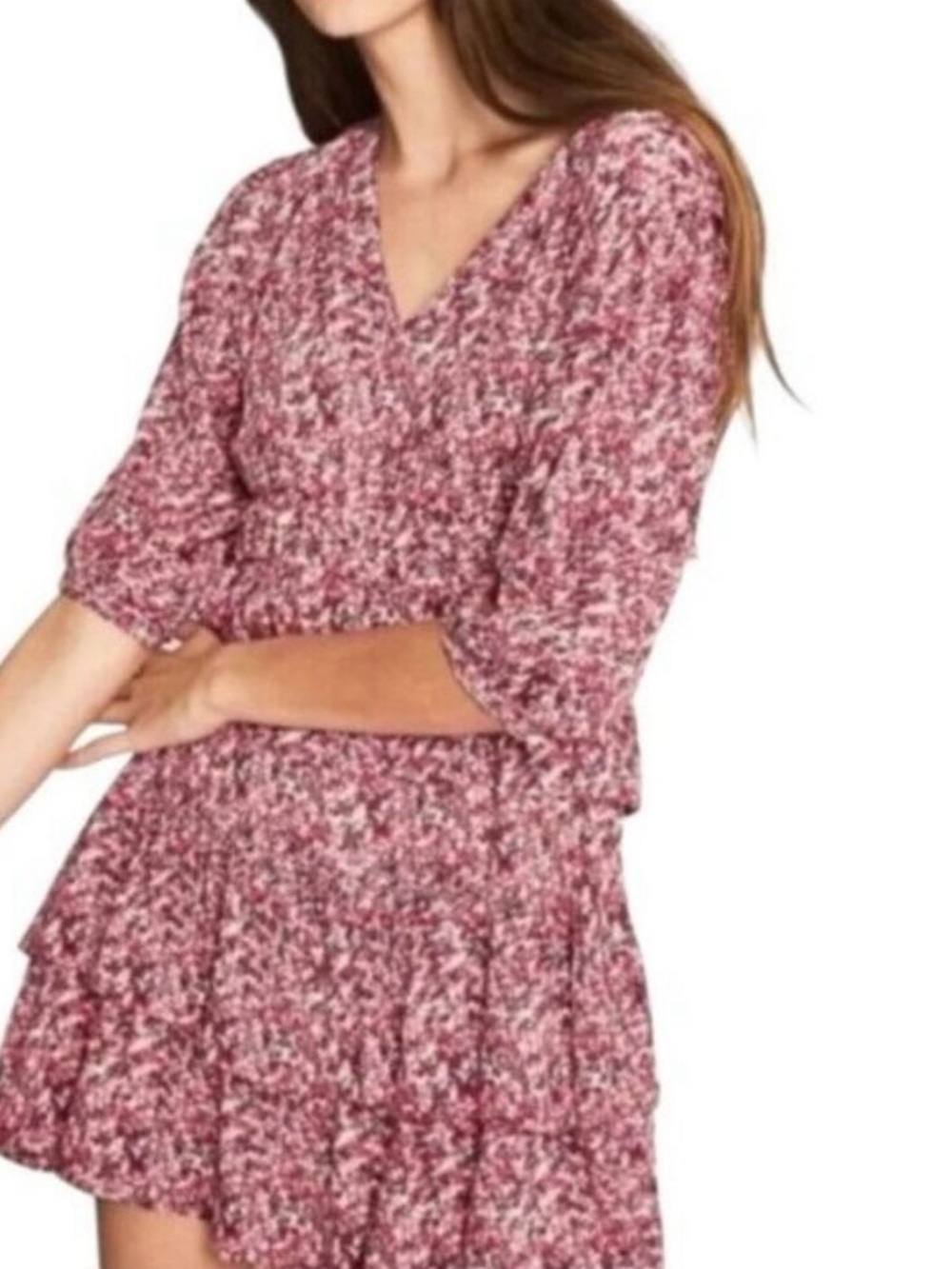 Ba&sh Nina Tiered Floral Crepe Mini Dress Fuchsia Pink Size Medium NWT